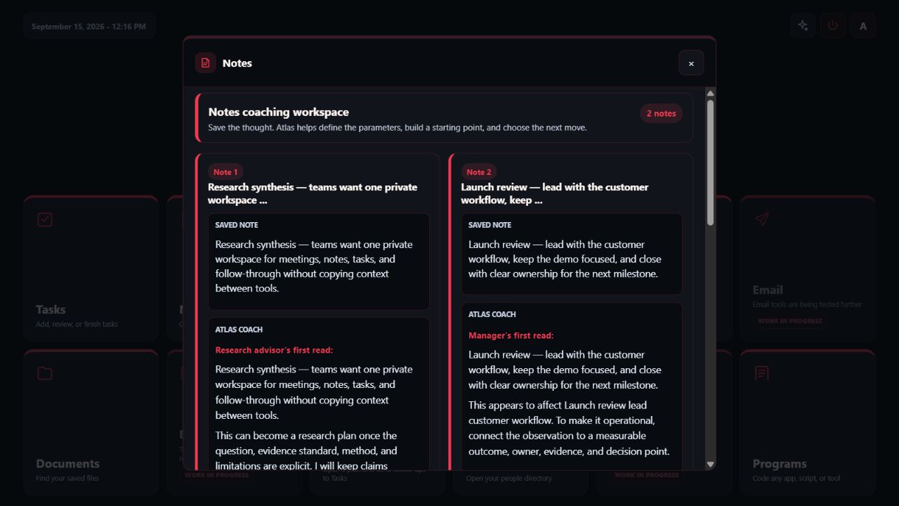 Notes view in the Atlas software