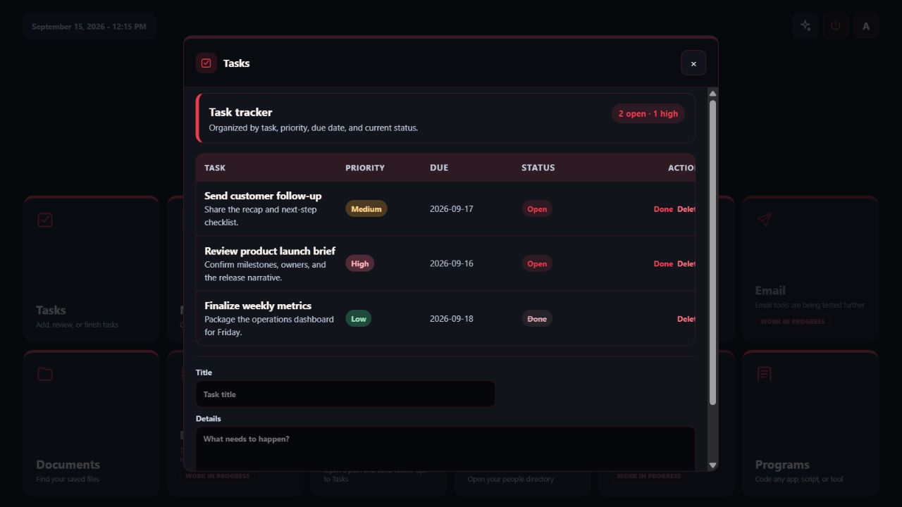Tasks view in the Atlas software