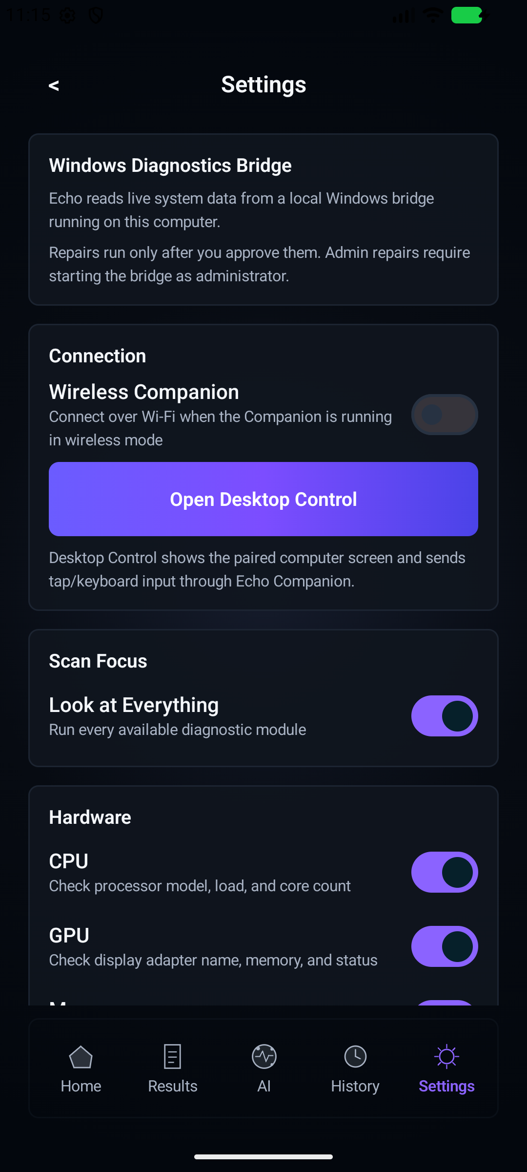 Settings screen in the real Echo Android app